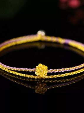 Pure 999 24K Yellow Gold 3D Lucky Lotus Woven Bracelet Woman Gift